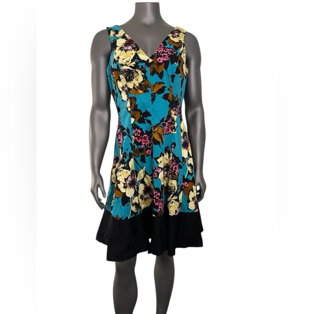 Nine West Dress 14 Floral V-Neck Fit n Flare Multicolor Cotton V Neck